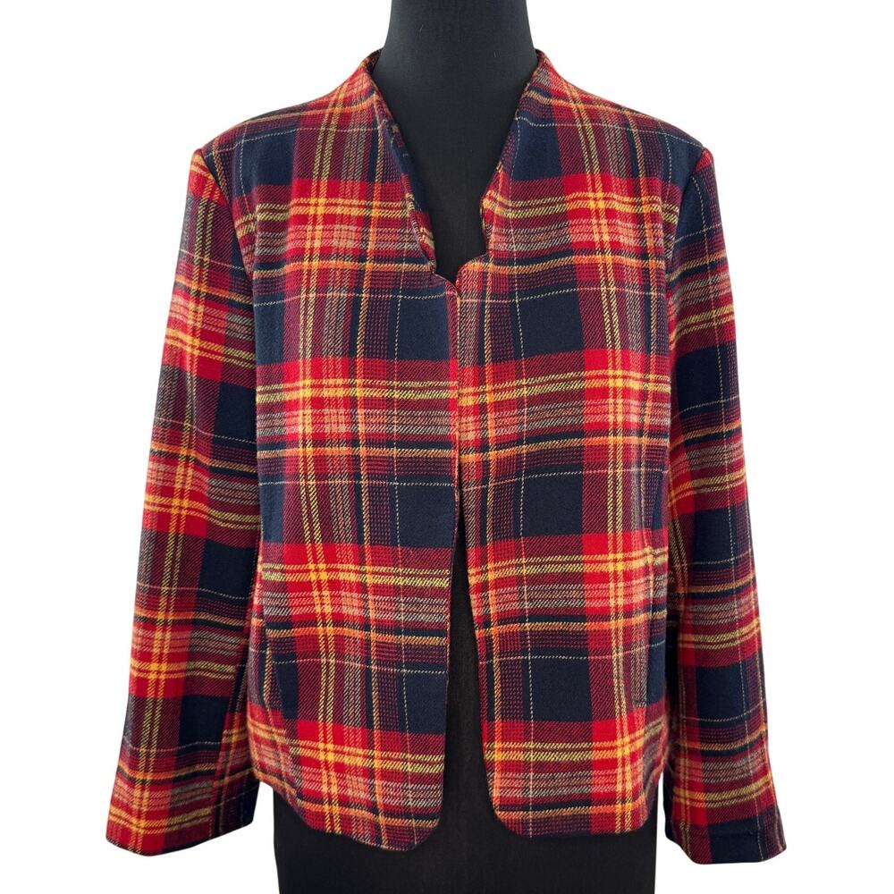Vintage Red Navy Blazer Wool Plaid Tweed Pockets Long Sleeve Casual Open-Front